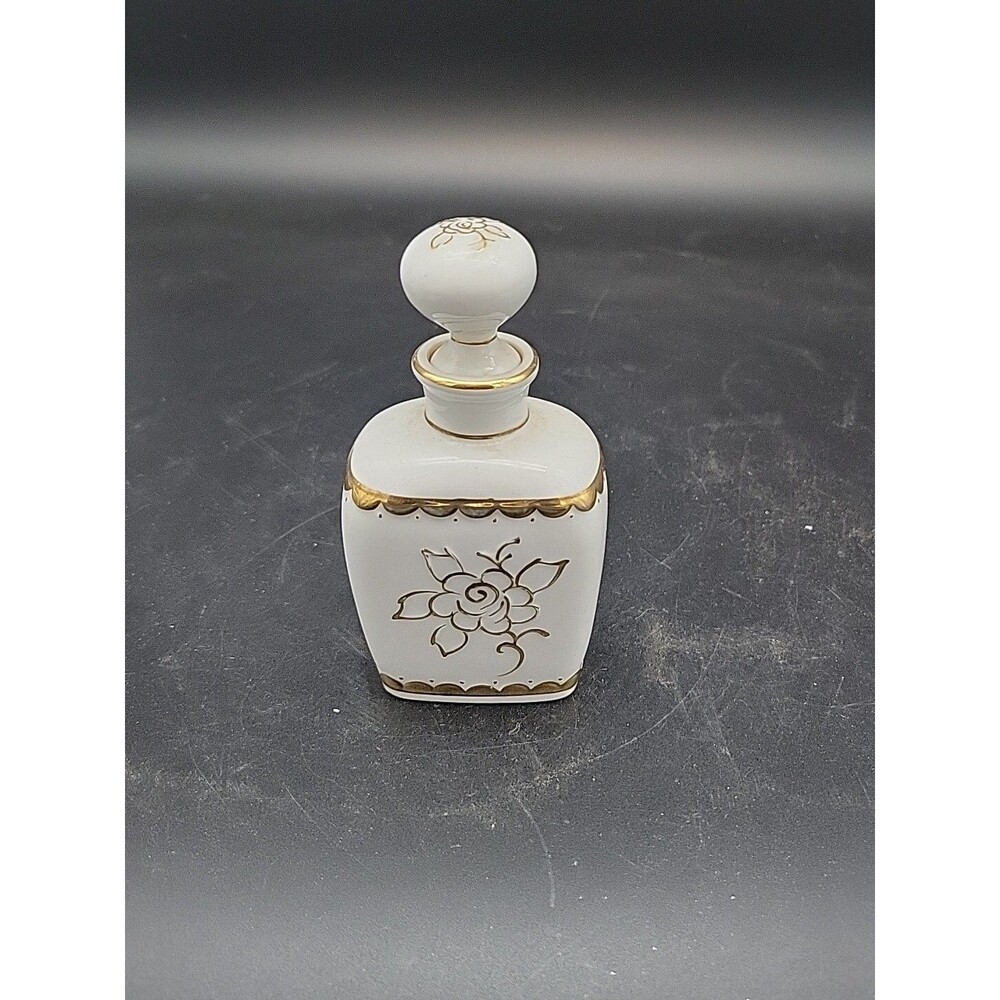 Matson Porcelain Perfume Bottle W Stopper Gold Rose & Scallops Hand Painted Vtg